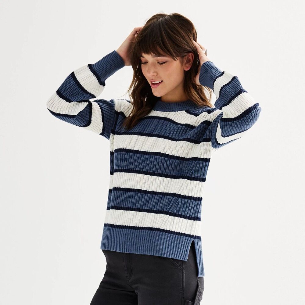 SO Women's Juniors' Crewneck Pullover Sweater Size XS Blue & White Stripe NWOT